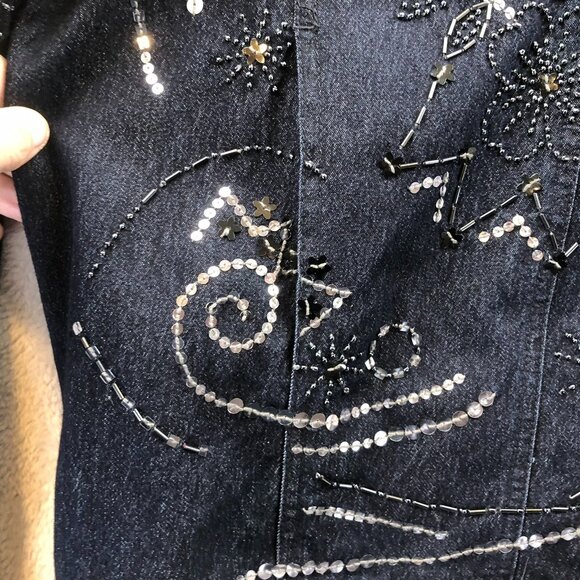 Victor Costa Occasion Women's Denim Jacket Embellished Snap Front Black - Picture 4 of 13